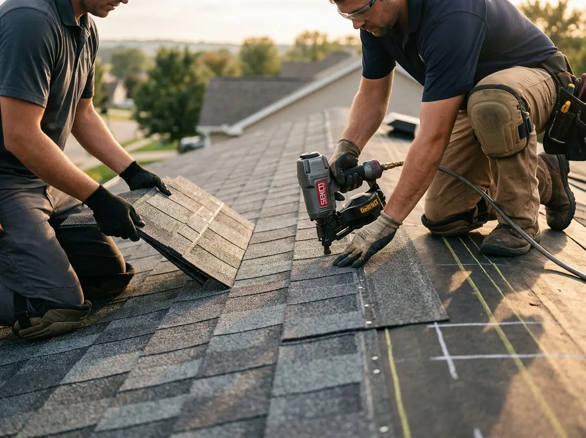 Professional roofer working on a residential roof in Dunkirk